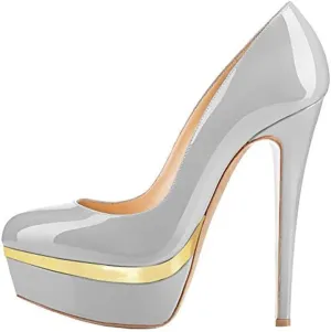 Women's Double Platform Round Closed Toe Stiletto High Heel Pumps