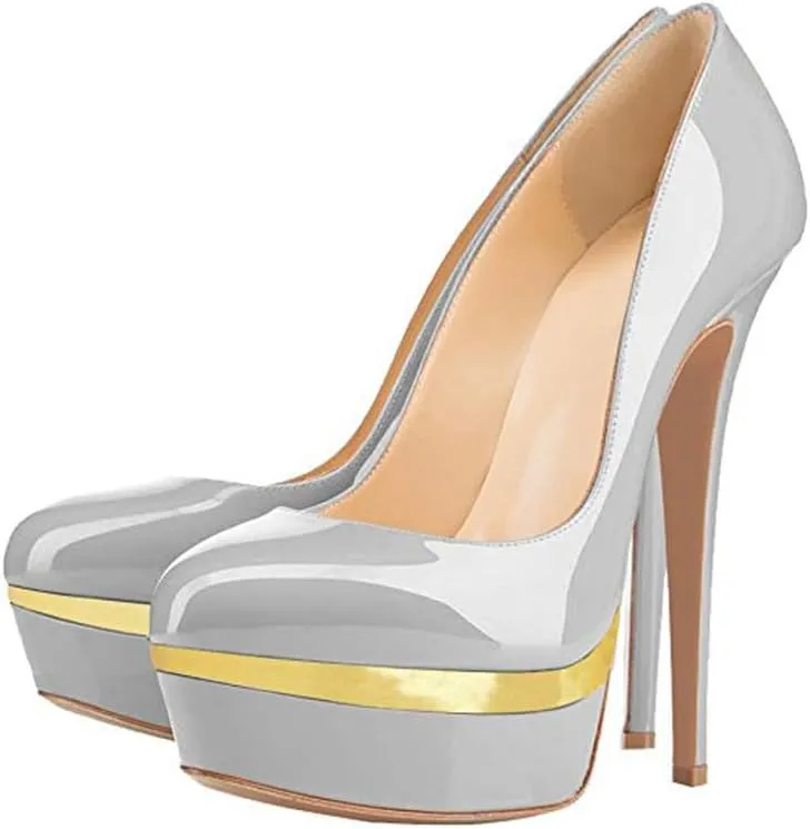 Women's Double Platform Round Closed Toe Stiletto High Heel Pumps