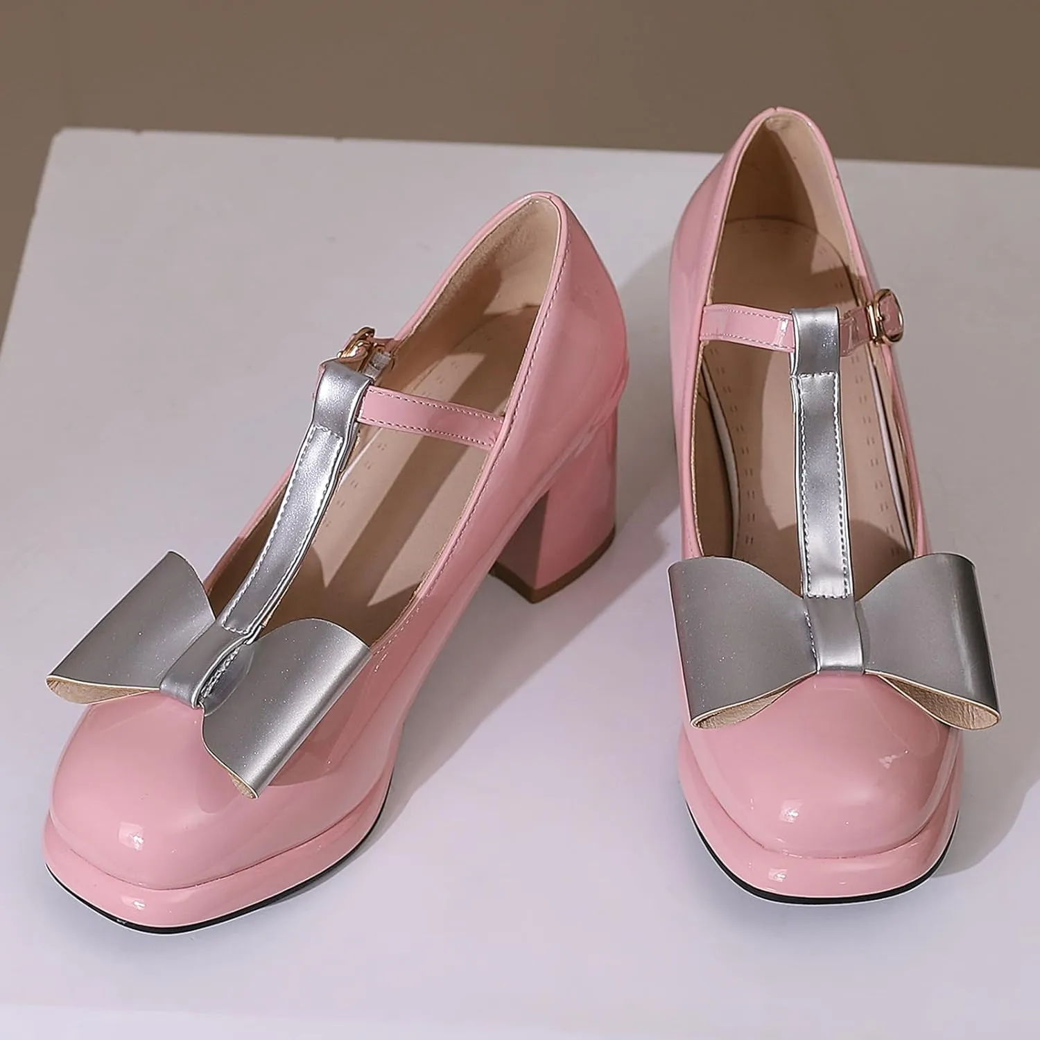 Women's Elegant Platform Mary Jane Shoes Round Toe T-Straps Pumps with Bows and Block Heel