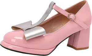 Women's Elegant Platform Mary Jane Shoes Round Toe T-Straps Pumps with Bows and Block Heel