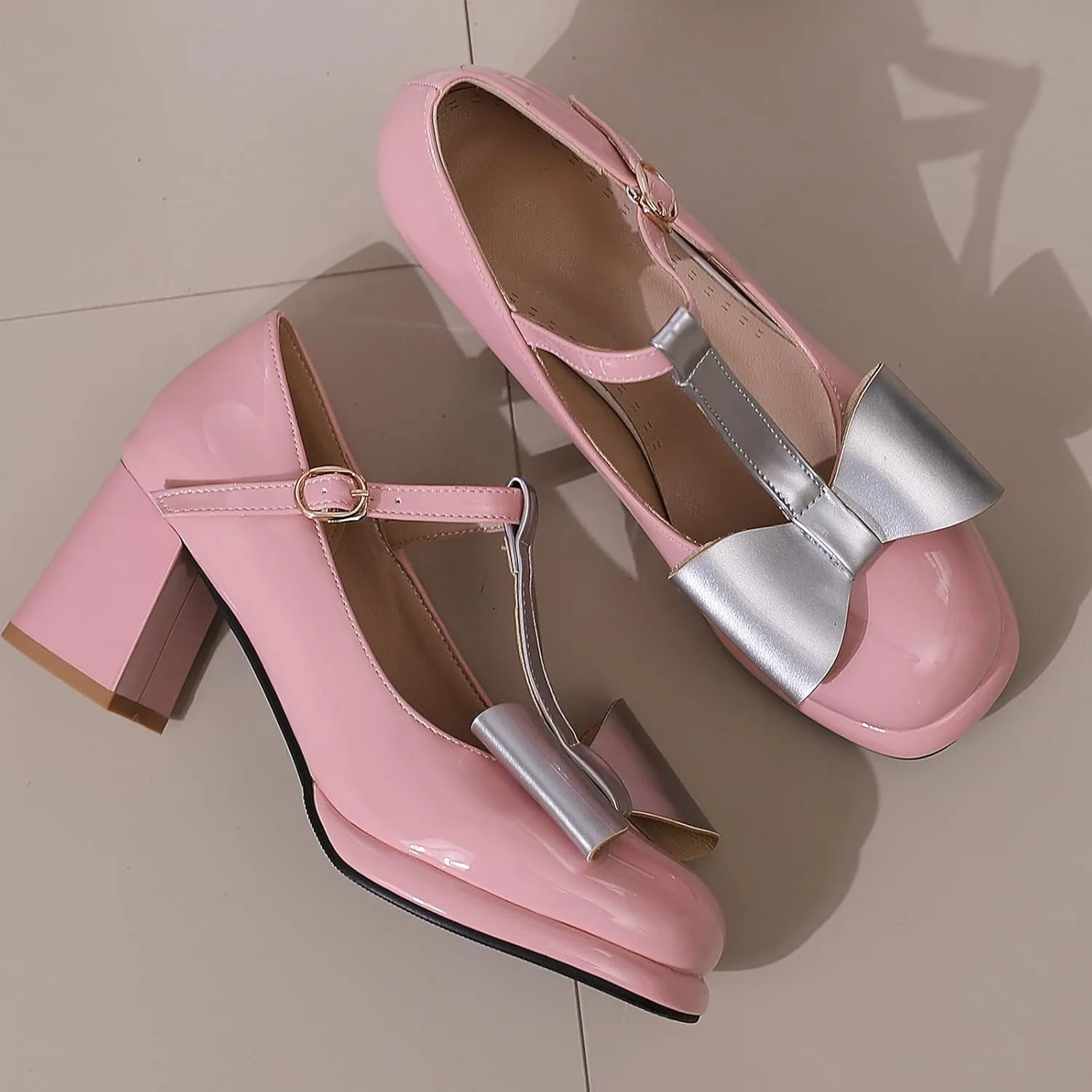 Women's Elegant Platform Mary Jane Shoes Round Toe T-Straps Pumps with Bows and Block Heel