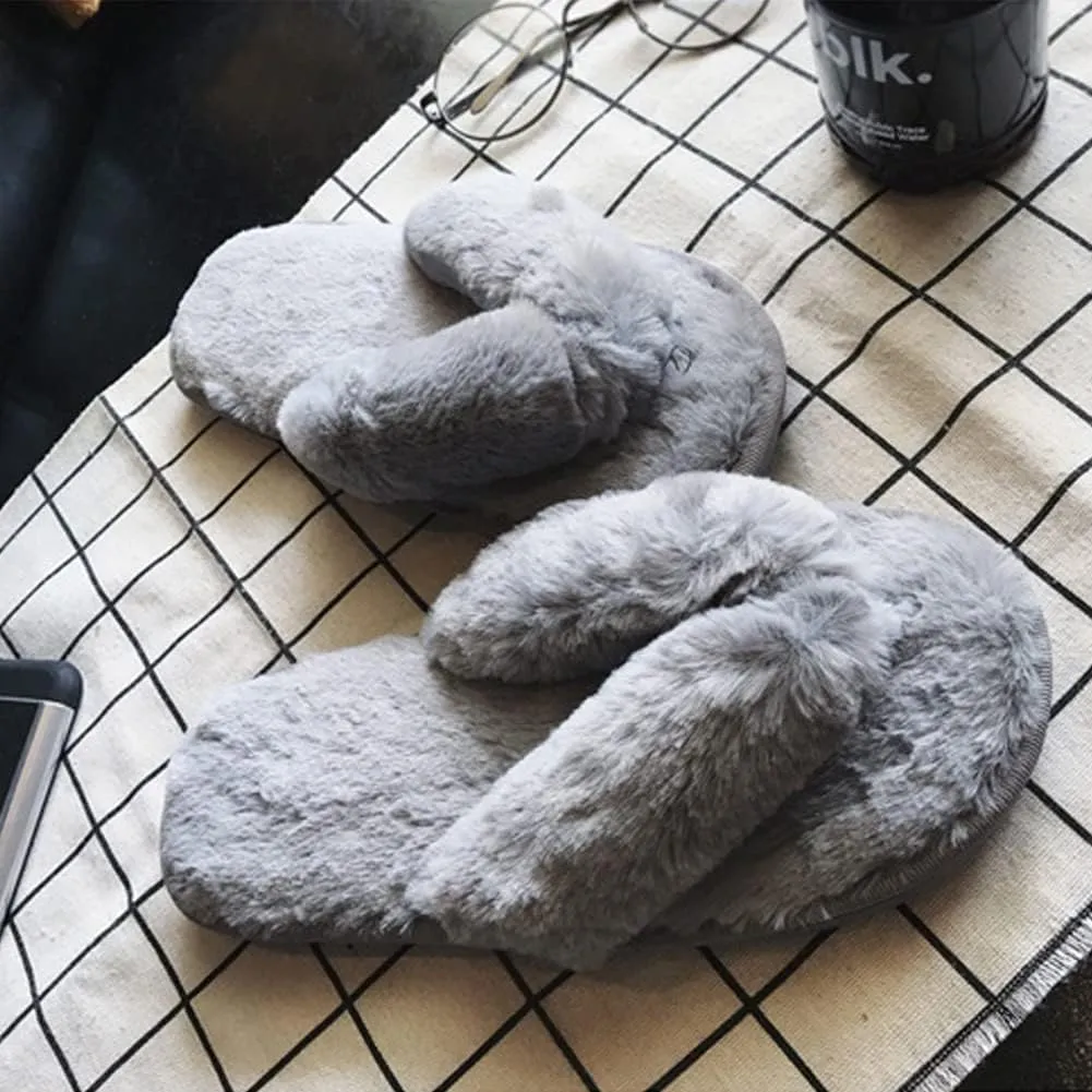 Womens Faux Fur Slippers Warm Fussy Flip Flop House Slippers Open Toe Home Slippers for Girls Men