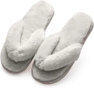 Womens Faux Fur Slippers Warm Fussy Flip Flop House Slippers Open Toe Home Slippers for Girls Men