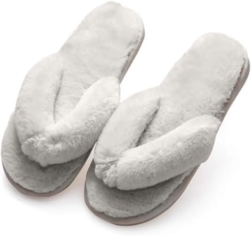 Womens Faux Fur Slippers Warm Fussy Flip Flop House Slippers Open Toe Home Slippers for Girls Men
