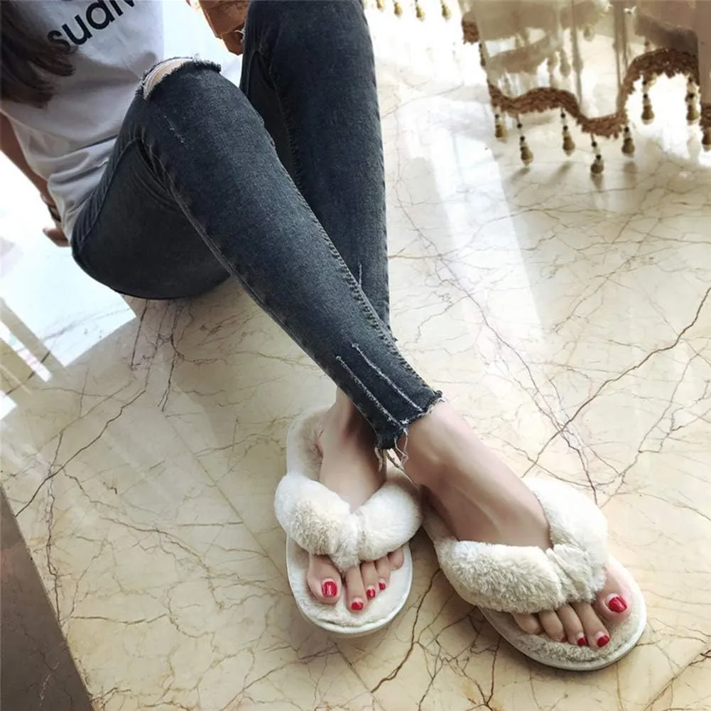 Womens Faux Fur Slippers Warm Fussy Flip Flop House Slippers Open Toe Home Slippers for Girls Men