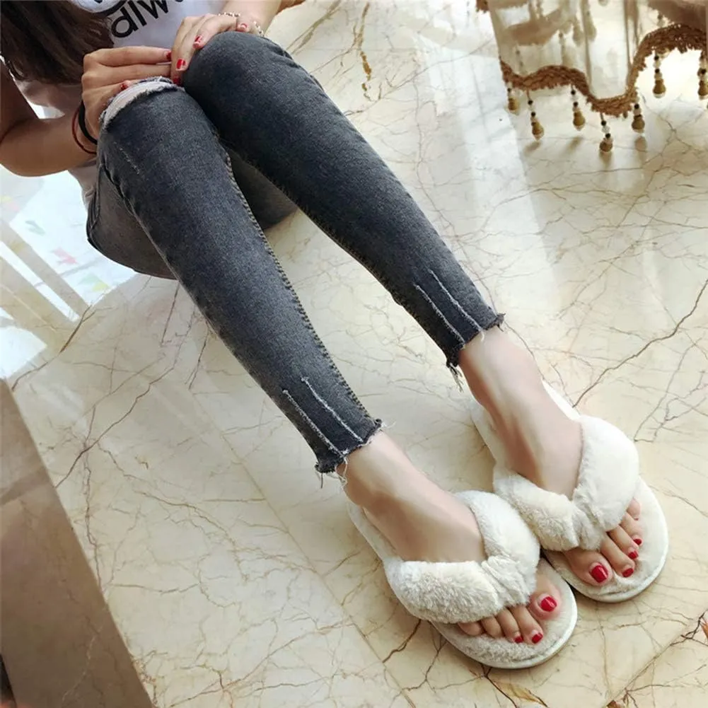 Womens Faux Fur Slippers Warm Fussy Flip Flop House Slippers Open Toe Home Slippers for Girls Men