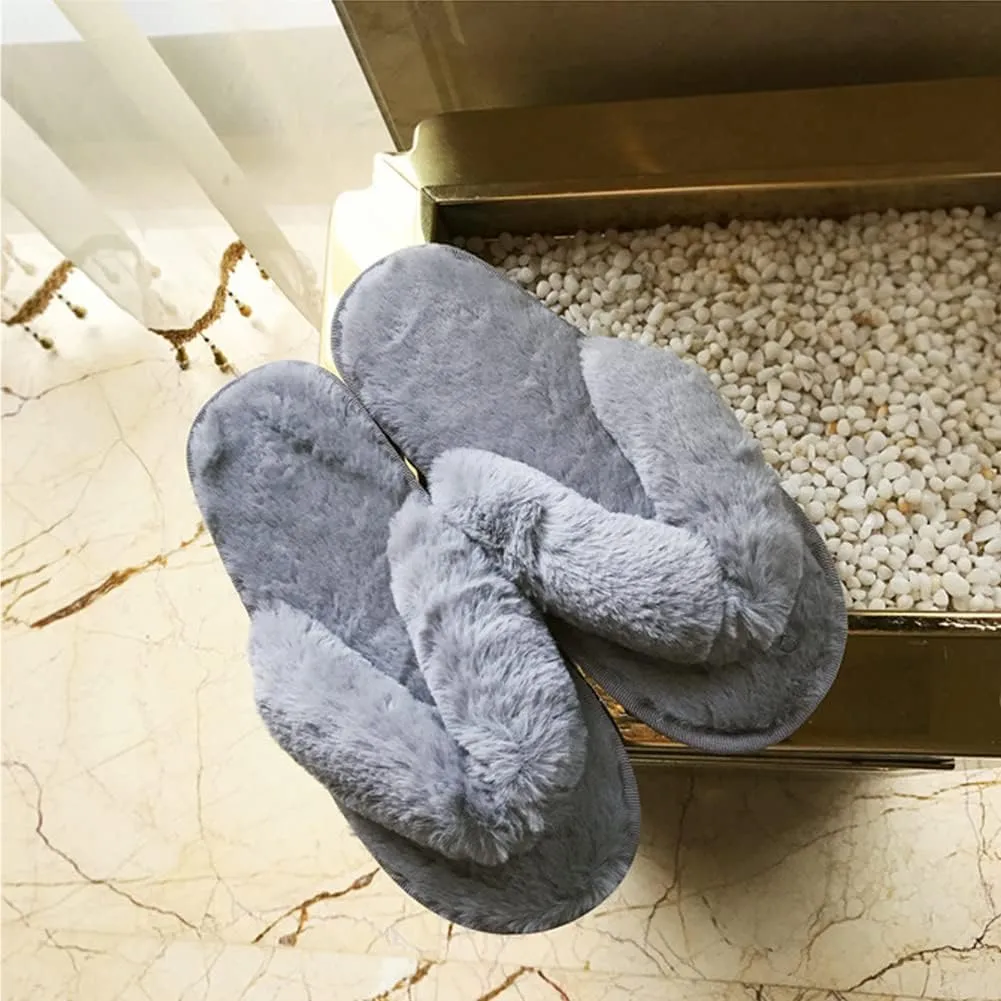 Womens Faux Fur Slippers Warm Fussy Flip Flop House Slippers Open Toe Home Slippers for Girls Men