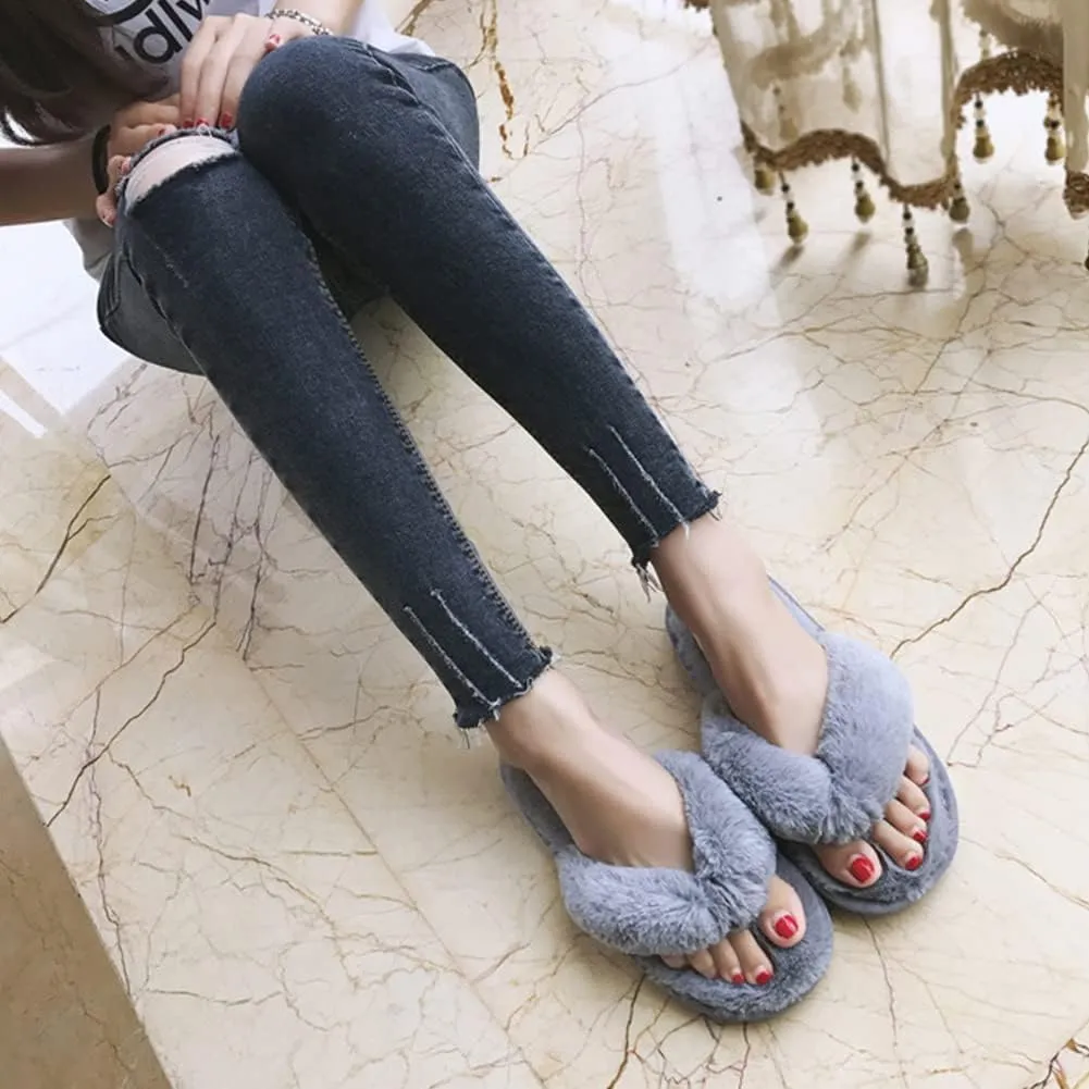 Womens Faux Fur Slippers Warm Fussy Flip Flop House Slippers Open Toe Home Slippers for Girls Men