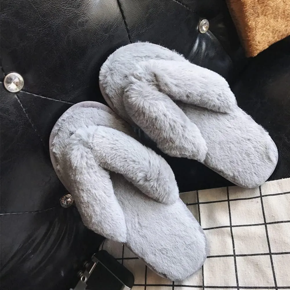 Womens Faux Fur Slippers Warm Fussy Flip Flop House Slippers Open Toe Home Slippers for Girls Men