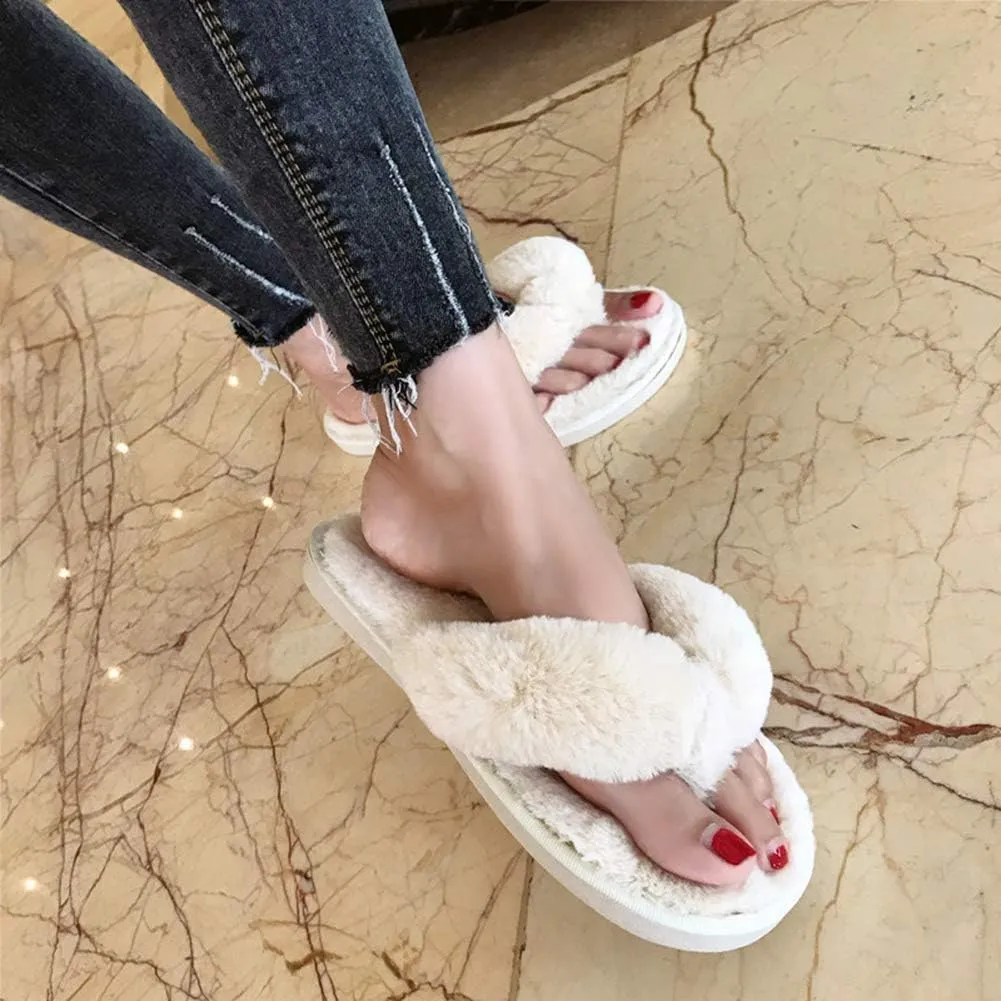 Womens Faux Fur Slippers Warm Fussy Flip Flop House Slippers Open Toe Home Slippers for Girls Men
