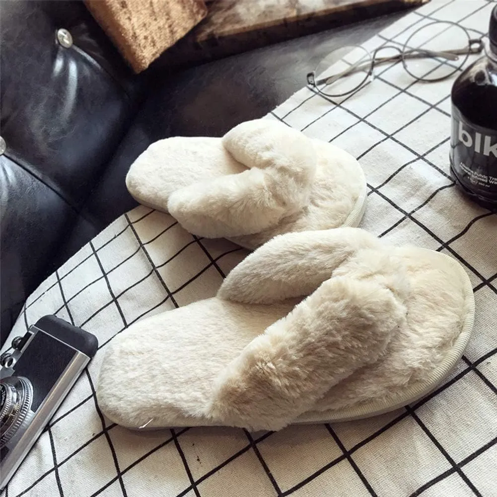 Womens Faux Fur Slippers Warm Fussy Flip Flop House Slippers Open Toe Home Slippers for Girls Men