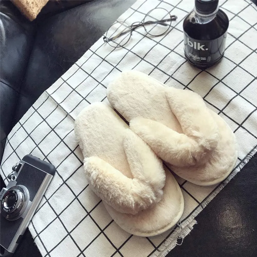 Womens Faux Fur Slippers Warm Fussy Flip Flop House Slippers Open Toe Home Slippers for Girls Men