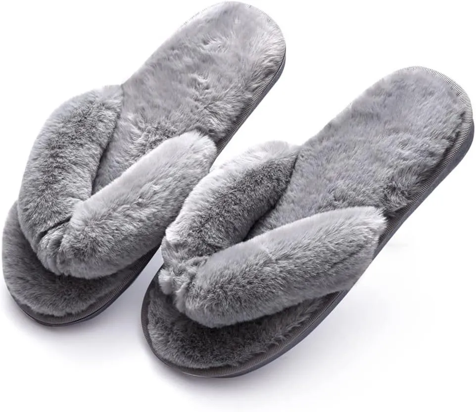 Womens Faux Fur Slippers Warm Fussy Flip Flop House Slippers Open Toe Home Slippers for Girls Men
