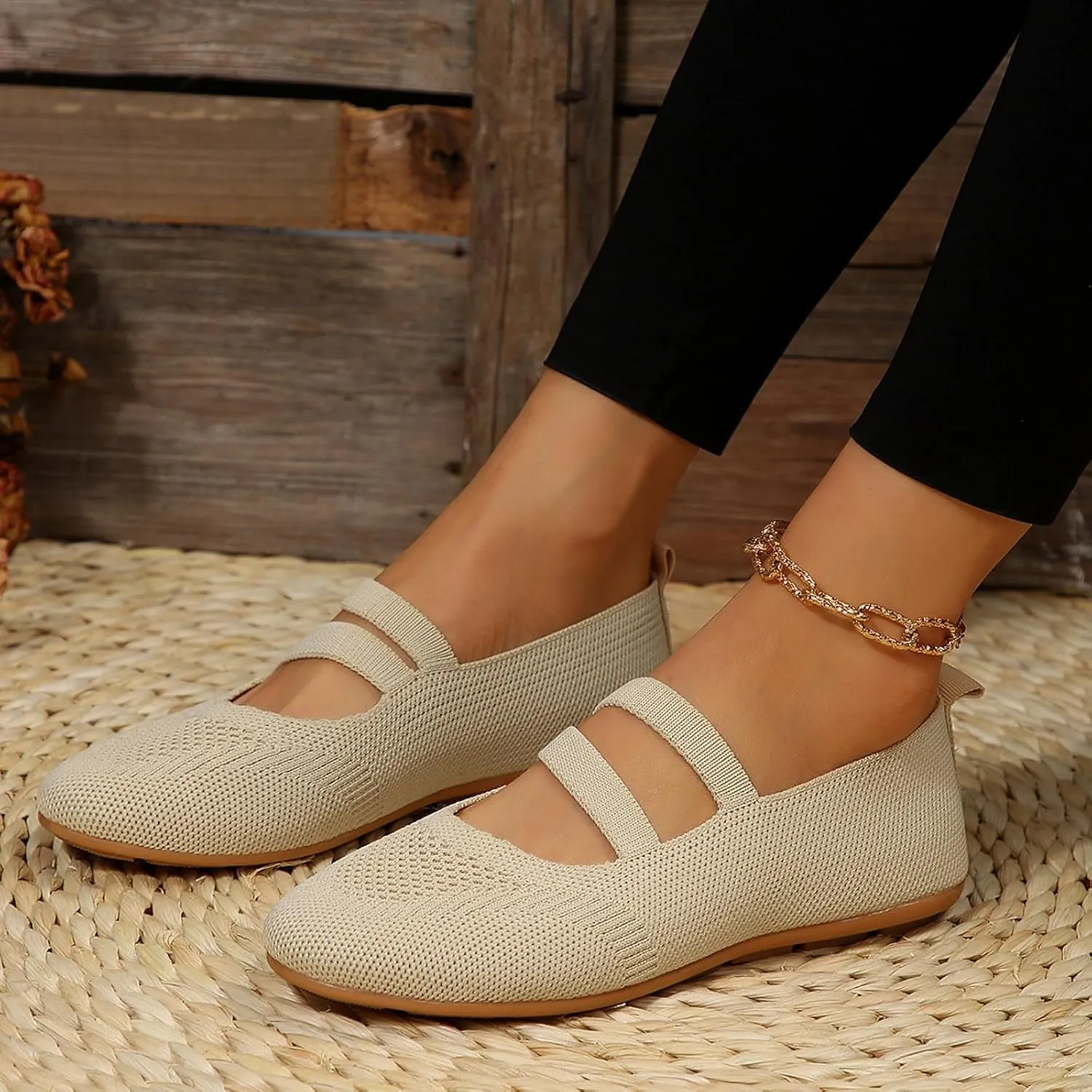 Women's Flat Ballet Shoes Knit Flat Shoes Round Toe Slip on Women Flats for Dressy Casual Office Work Wedding