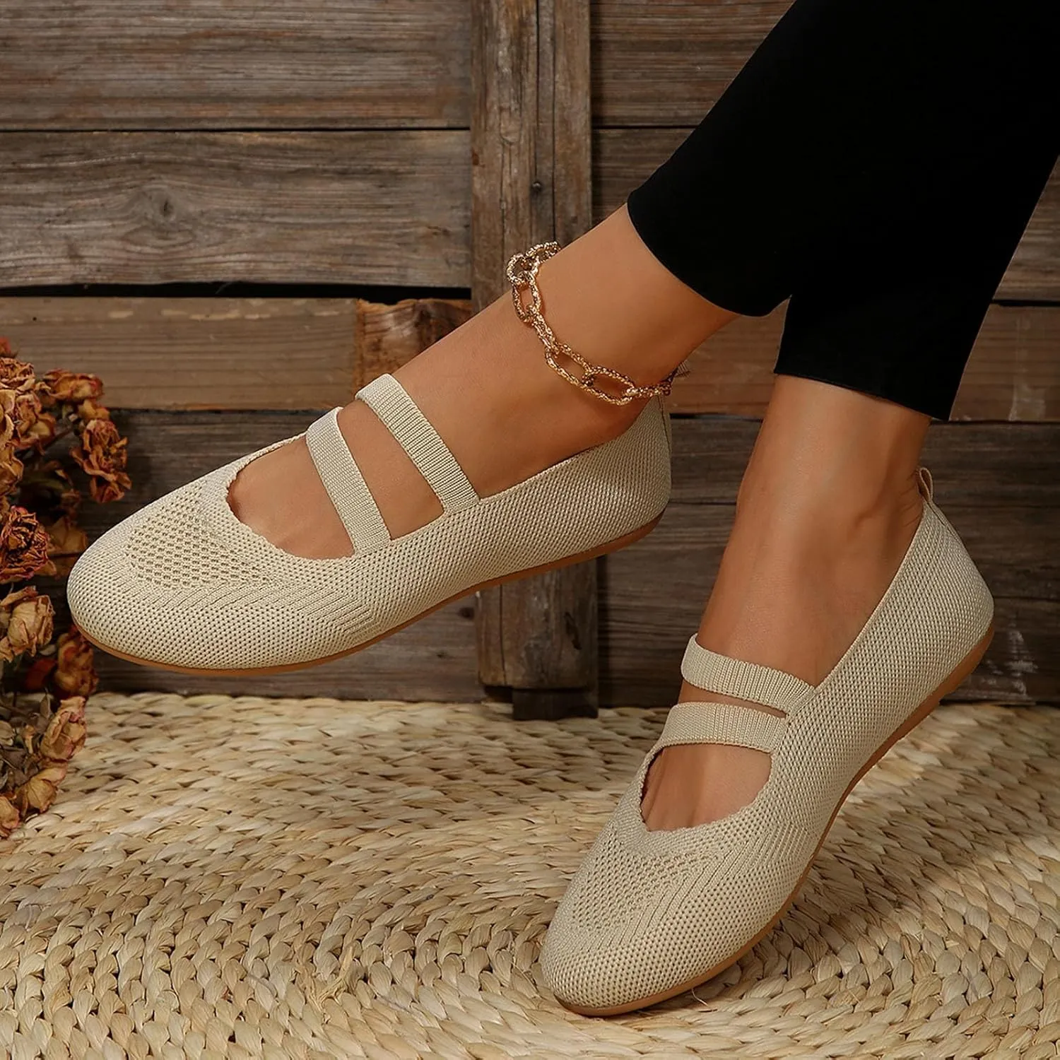 Women's Flat Ballet Shoes Knit Flat Shoes Round Toe Slip on Women Flats for Dressy Casual Office Work Wedding