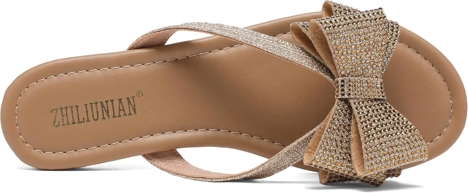 Womens Flat Bow Sparkly Flip Flop Sandals,Ladies Rhinestones Comfortable Thong Slide Dressy Casual Cute Trendy Vacation Beach Slip on Glitter Slippers Shoe