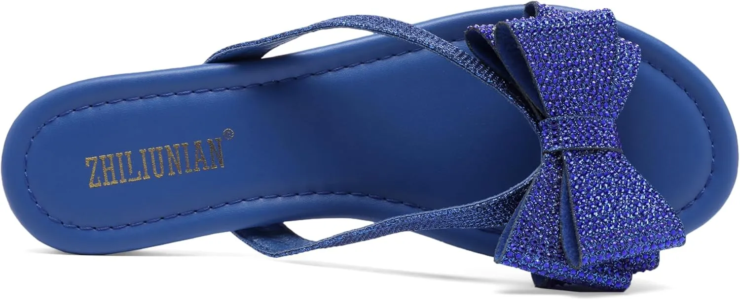 Womens Flat Bow Sparkly Flip Flop Sandals,Ladies Rhinestones Comfortable Thong Slide Dressy Casual Cute Trendy Vacation Beach Slip on Glitter Slippers Shoe