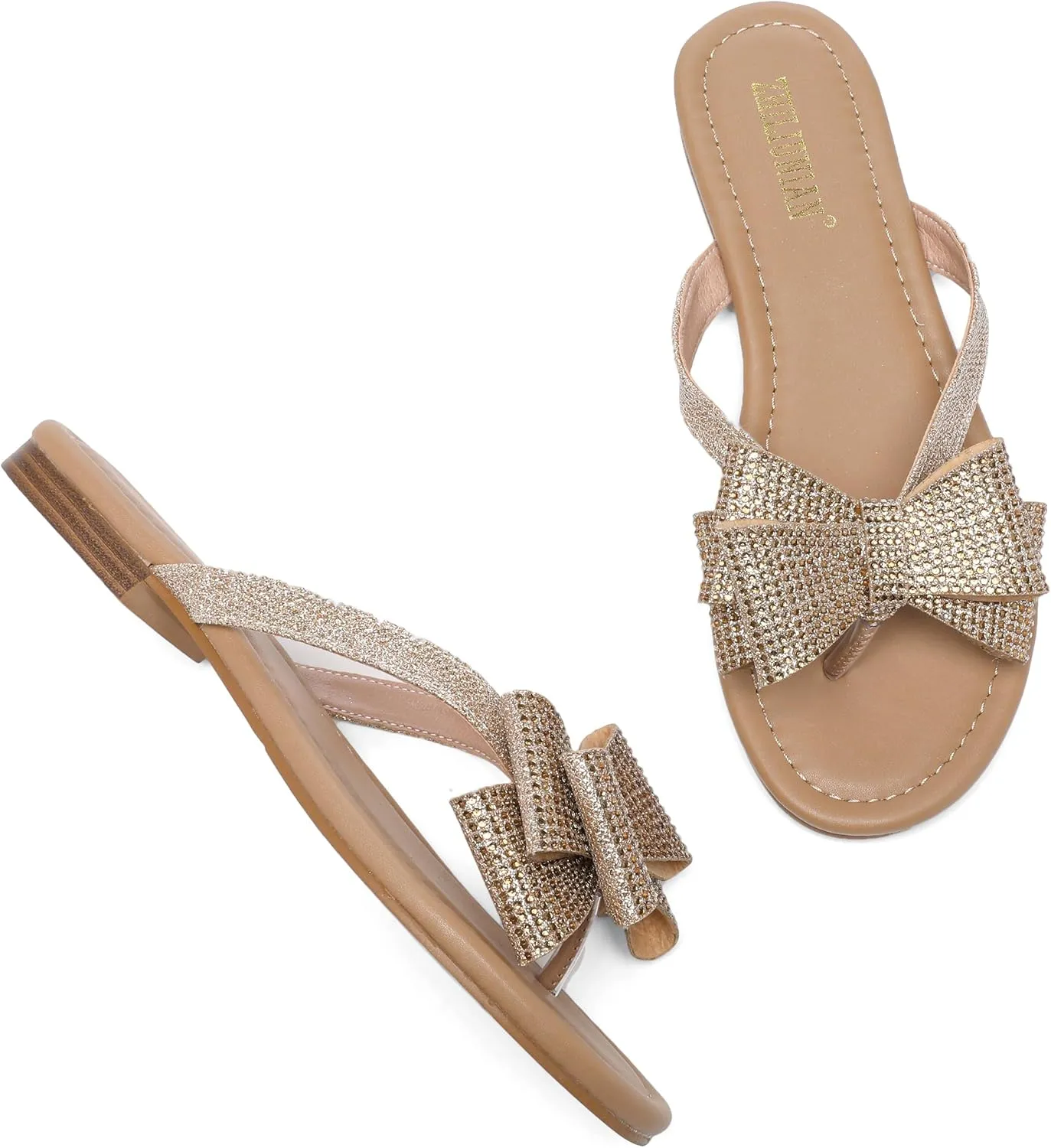 Womens Flat Bow Sparkly Flip Flop Sandals,Ladies Rhinestones Comfortable Thong Slide Dressy Casual Cute Trendy Vacation Beach Slip on Glitter Slippers Shoe