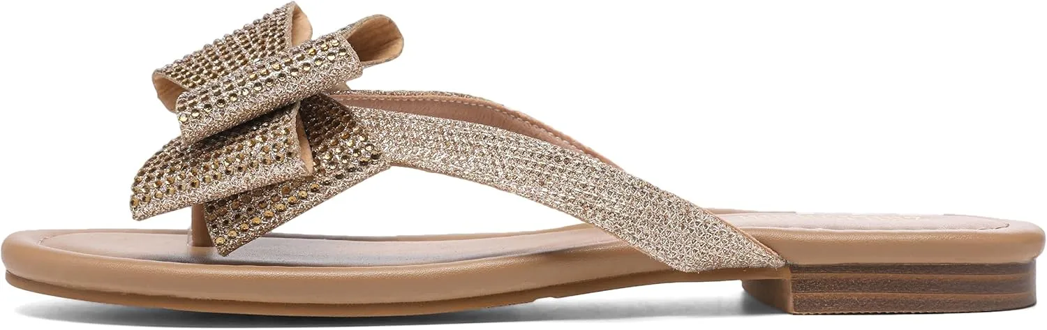 Womens Flat Bow Sparkly Flip Flop Sandals,Ladies Rhinestones Comfortable Thong Slide Dressy Casual Cute Trendy Vacation Beach Slip on Glitter Slippers Shoe