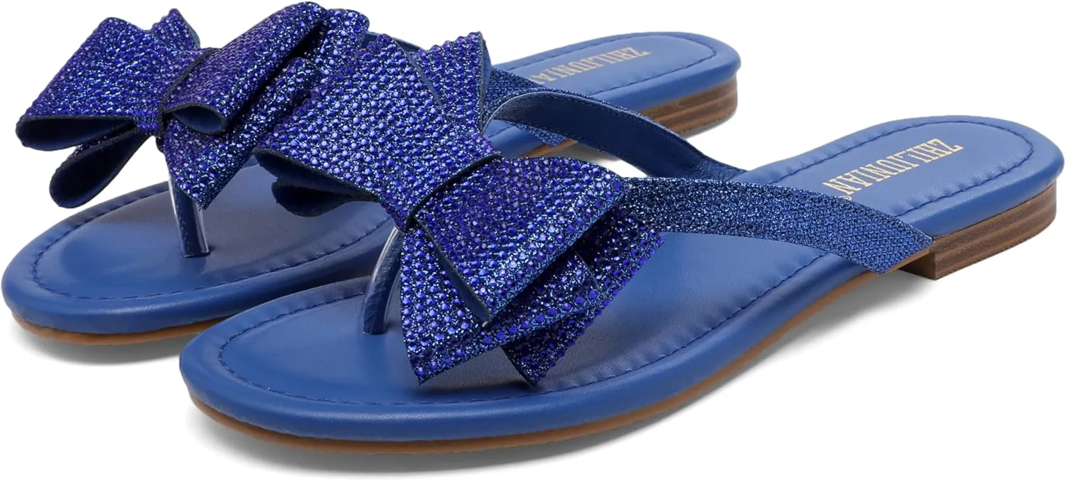 Womens Flat Bow Sparkly Flip Flop Sandals,Ladies Rhinestones Comfortable Thong Slide Dressy Casual Cute Trendy Vacation Beach Slip on Glitter Slippers Shoe