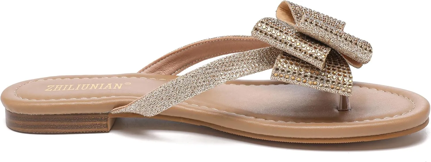 Womens Flat Bow Sparkly Flip Flop Sandals,Ladies Rhinestones Comfortable Thong Slide Dressy Casual Cute Trendy Vacation Beach Slip on Glitter Slippers Shoe