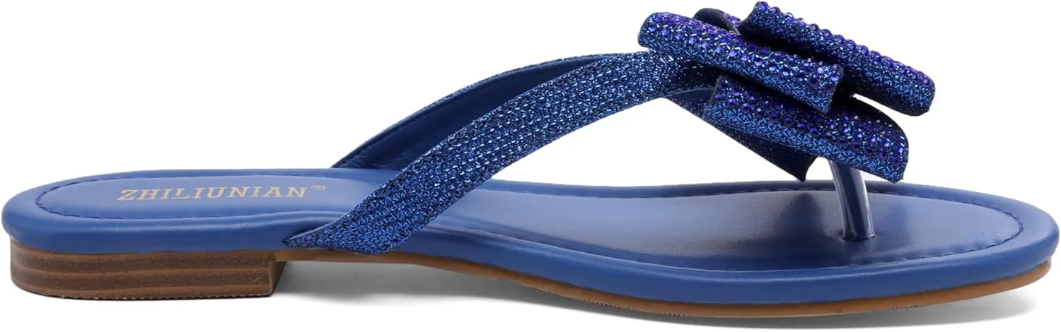 Womens Flat Bow Sparkly Flip Flop Sandals,Ladies Rhinestones Comfortable Thong Slide Dressy Casual Cute Trendy Vacation Beach Slip on Glitter Slippers Shoe