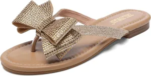 Womens Flat Bow Sparkly Flip Flop Sandals,Ladies Rhinestones Comfortable Thong Slide Dressy Casual Cute Trendy Vacation Beach Slip on Glitter Slippers Shoe