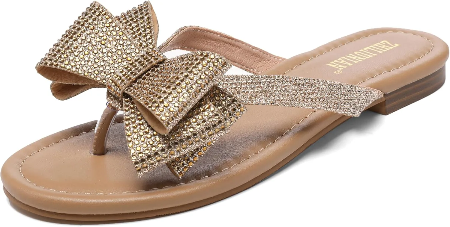 Womens Flat Bow Sparkly Flip Flop Sandals,Ladies Rhinestones Comfortable Thong Slide Dressy Casual Cute Trendy Vacation Beach Slip on Glitter Slippers Shoe