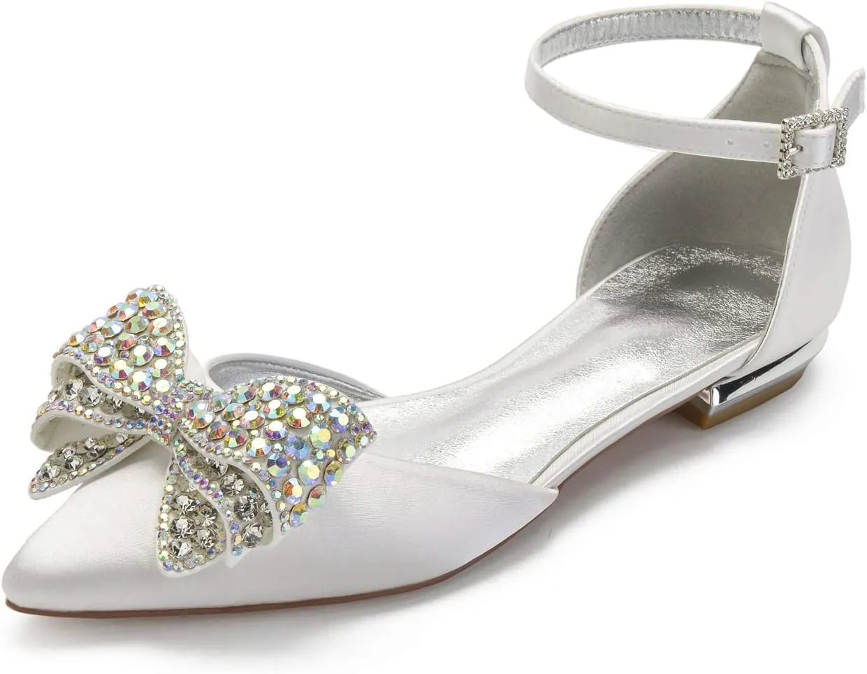 Womens Flat Bridal Shoes Sandals Pointed Toe Low Heel Pumps Rhinestones Wedding Shoes Strass Strappy for Prom Party Comfortable Satin High Heel