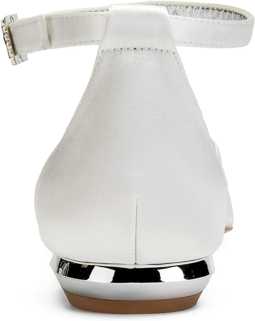 Womens Flat Bridal Shoes Sandals Pointed Toe Low Heel Pumps Rhinestones Wedding Shoes Strass Strappy for Prom Party Comfortable Satin High Heel