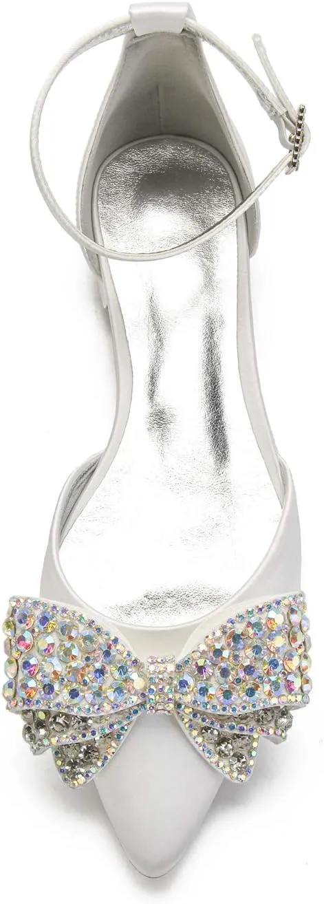 Womens Flat Bridal Shoes Sandals Pointed Toe Low Heel Pumps Rhinestones Wedding Shoes Strass Strappy for Prom Party Comfortable Satin High Heel