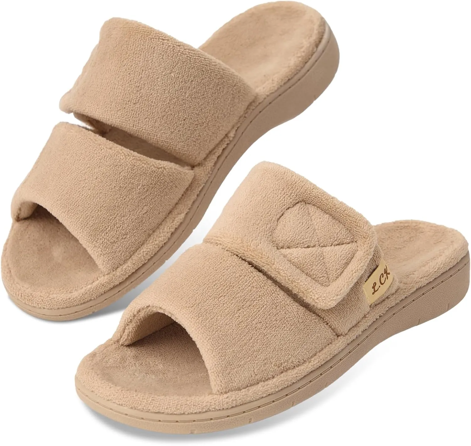 Women's Fuzzy Adjustable Arch Support Slippers Open Toe House Shoes for Orthopedic Plantar Furry House Slide Slippers All Season Beige Black Color US6-US11