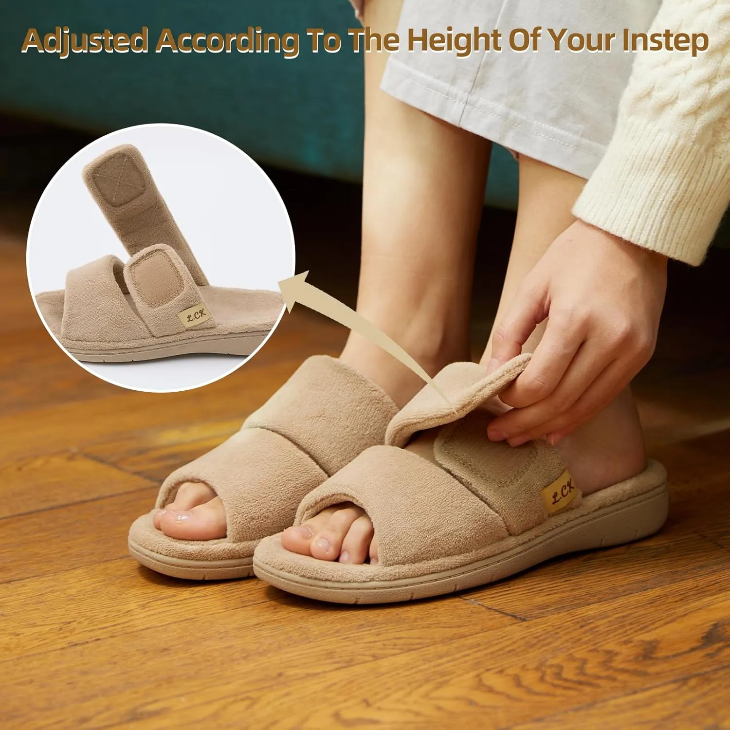 Women's Fuzzy Adjustable Arch Support Slippers Open Toe House Shoes for Orthopedic Plantar Furry House Slide Slippers All Season Beige Black Color US6-US11