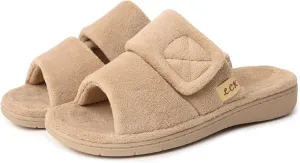 Women's Fuzzy Adjustable Arch Support Slippers Open Toe House Shoes for Orthopedic Plantar Furry House Slide Slippers All Season Beige Black Color US6-US11