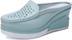 Women's Genuine Leather Hollow Out Platform Backless Mules Sandals,Breathable Comfortable Slip On Nurses Shoes Elegant Wedge Walking Sandals