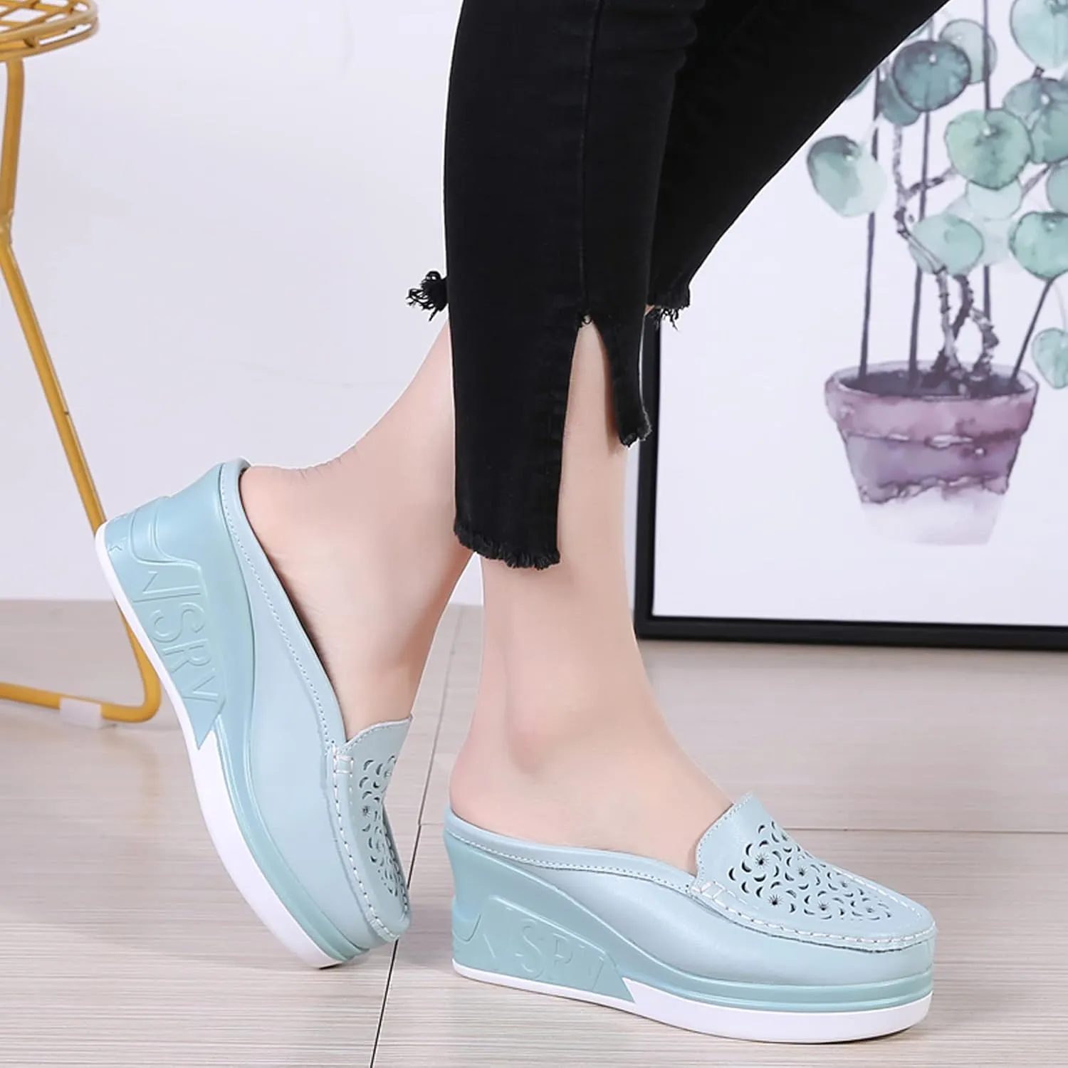 Women's Genuine Leather Hollow Out Platform Backless Mules Sandals,Breathable Comfortable Slip On Nurses Shoes Elegant Wedge Walking Sandals