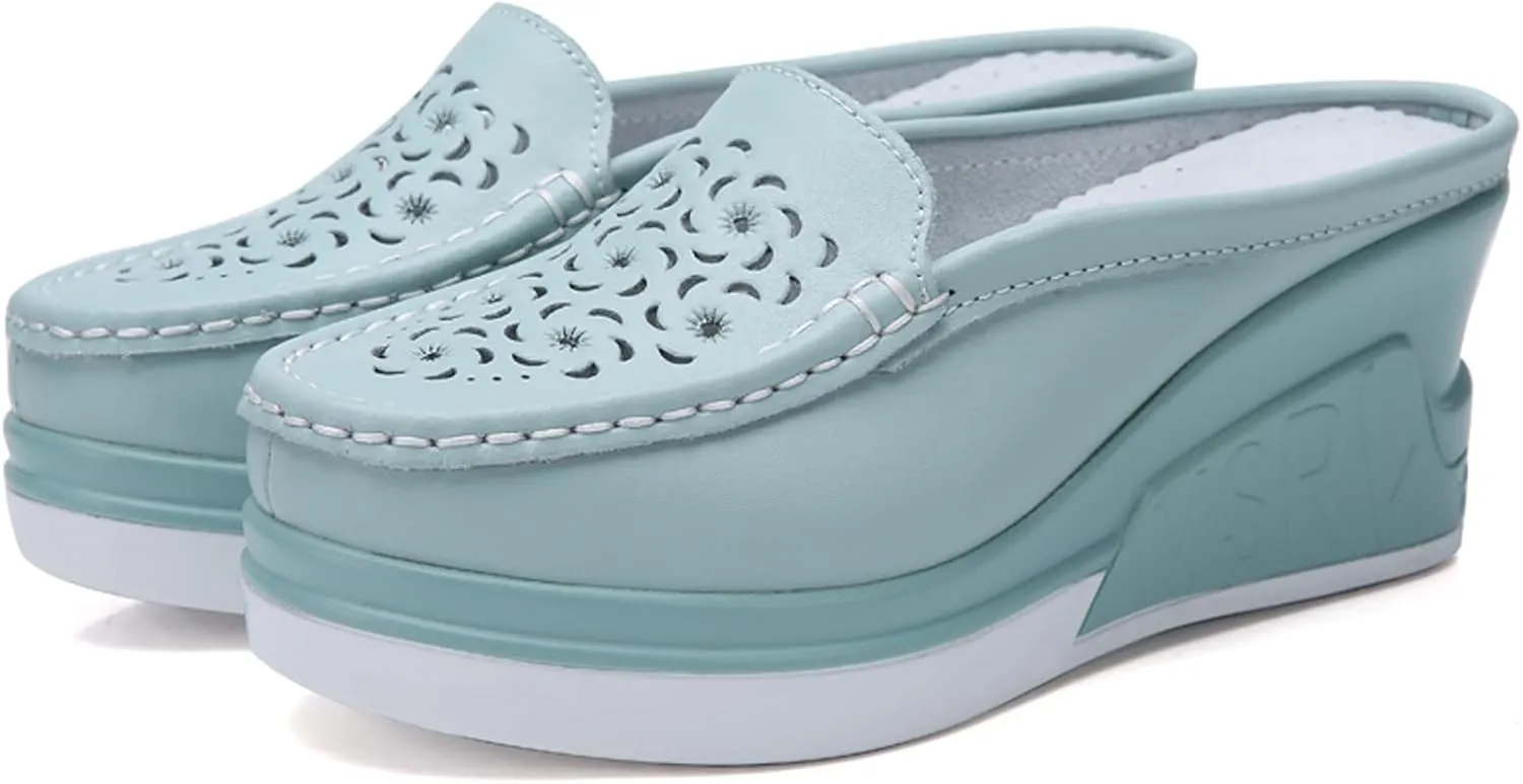 Women's Genuine Leather Hollow Out Platform Backless Mules Sandals,Breathable Comfortable Slip On Nurses Shoes Elegant Wedge Walking Sandals