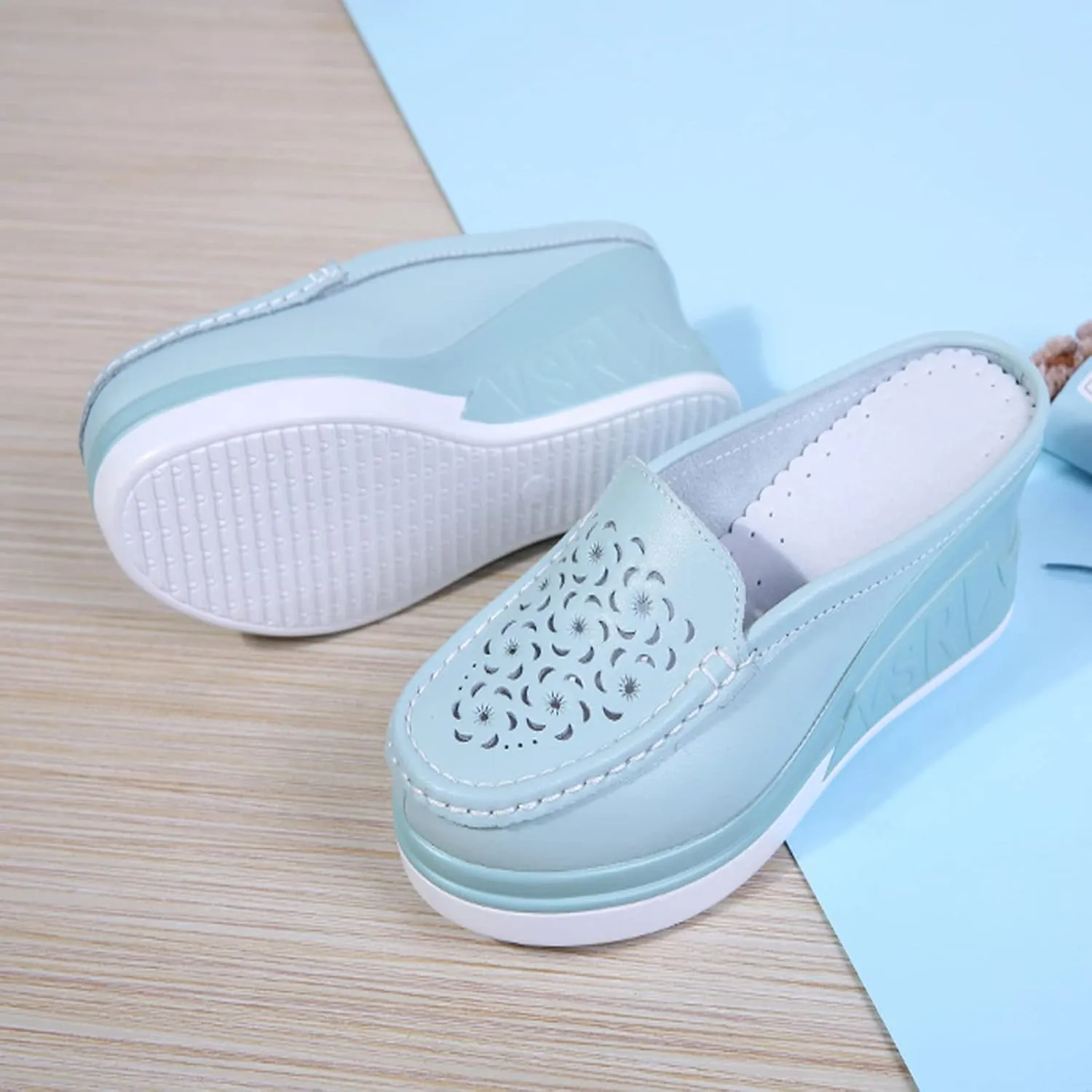 Women's Genuine Leather Hollow Out Platform Backless Mules Sandals,Breathable Comfortable Slip On Nurses Shoes Elegant Wedge Walking Sandals