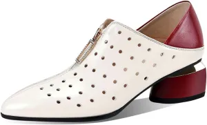 Women's Genuine Leather with Breathable Holes Handmade Front Zipper Low Chunky Heel Stylish Pumps Shoes
