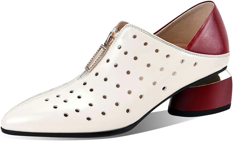 Women's Genuine Leather with Breathable Holes Handmade Front Zipper Low Chunky Heel Stylish Pumps Shoes
