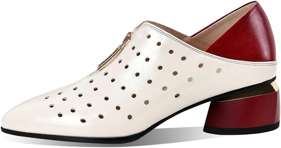 Women's Genuine Leather with Breathable Holes Handmade Front Zipper Low Chunky Heel Stylish Pumps Shoes