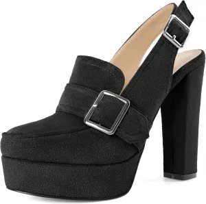 Women's High Heel Loafers Platform Pumps Round Toe Heels Chunky Heel Pumps Stylish Comfortable 4.8 Inch Slingback Heels