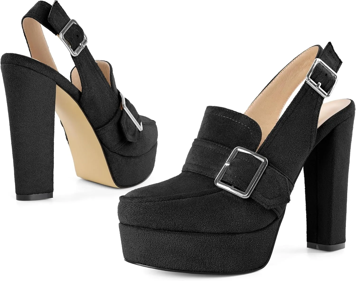 Women's High Heel Loafers Platform Pumps Round Toe Heels Chunky Heel Pumps Stylish Comfortable 4.8 Inch Slingback Heels