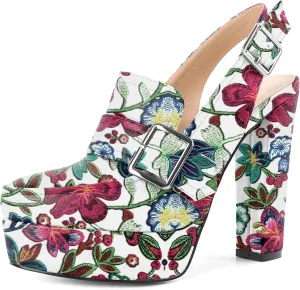 Women's High Heel Loafers Platform Pumps Round Toe Heels Chunky Heel Pumps Stylish Comfortable 4.8 Inch Slingback Heels