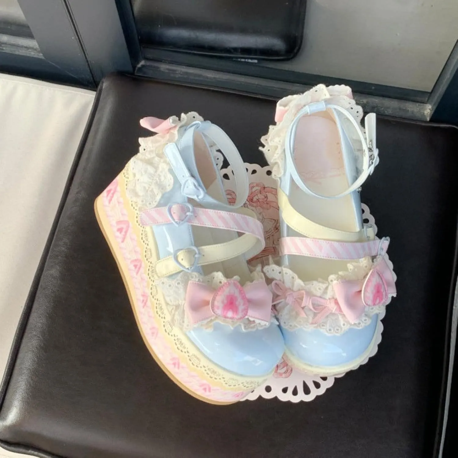 Women's Kawaii Cute Bow Strawberry Cake Lace Chunky Mary Jane Heels Round Toe Lolita Y2K Aesthetic Platform Wedge Shoes