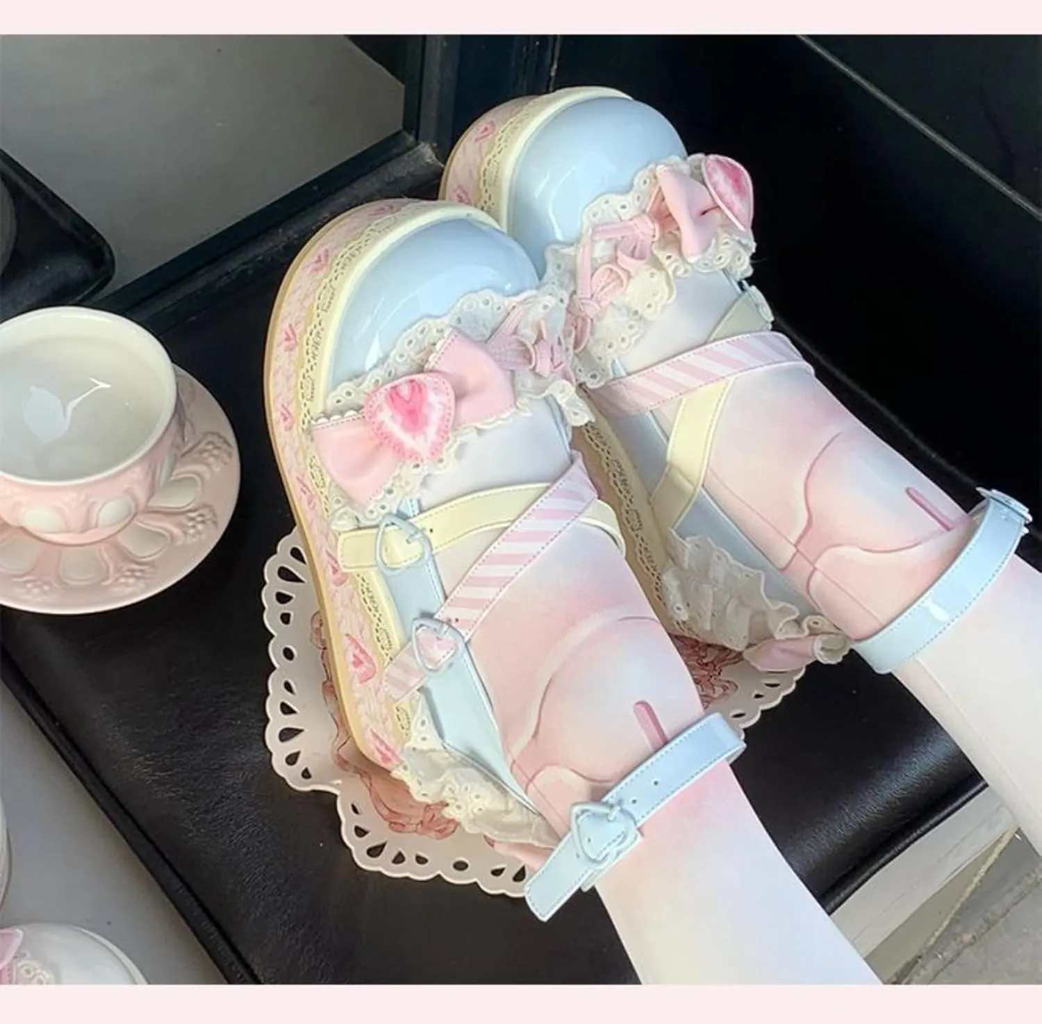 Women's Kawaii Cute Bow Strawberry Cake Lace Chunky Mary Jane Heels Round Toe Lolita Y2K Aesthetic Platform Wedge Shoes