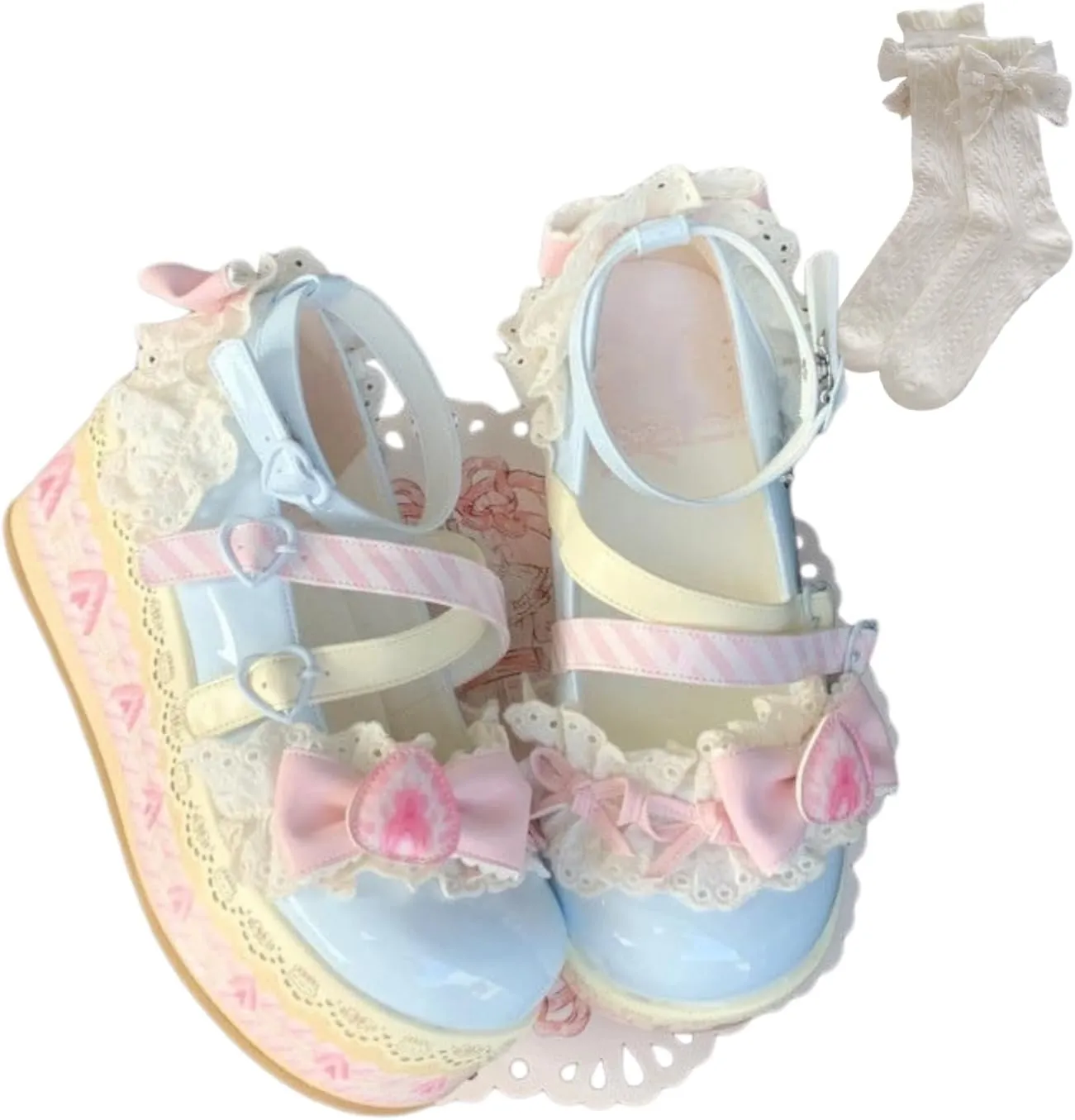 Women's Kawaii Cute Bow Strawberry Cake Lace Chunky Mary Jane Heels Round Toe Lolita Y2K Aesthetic Platform Wedge Shoes