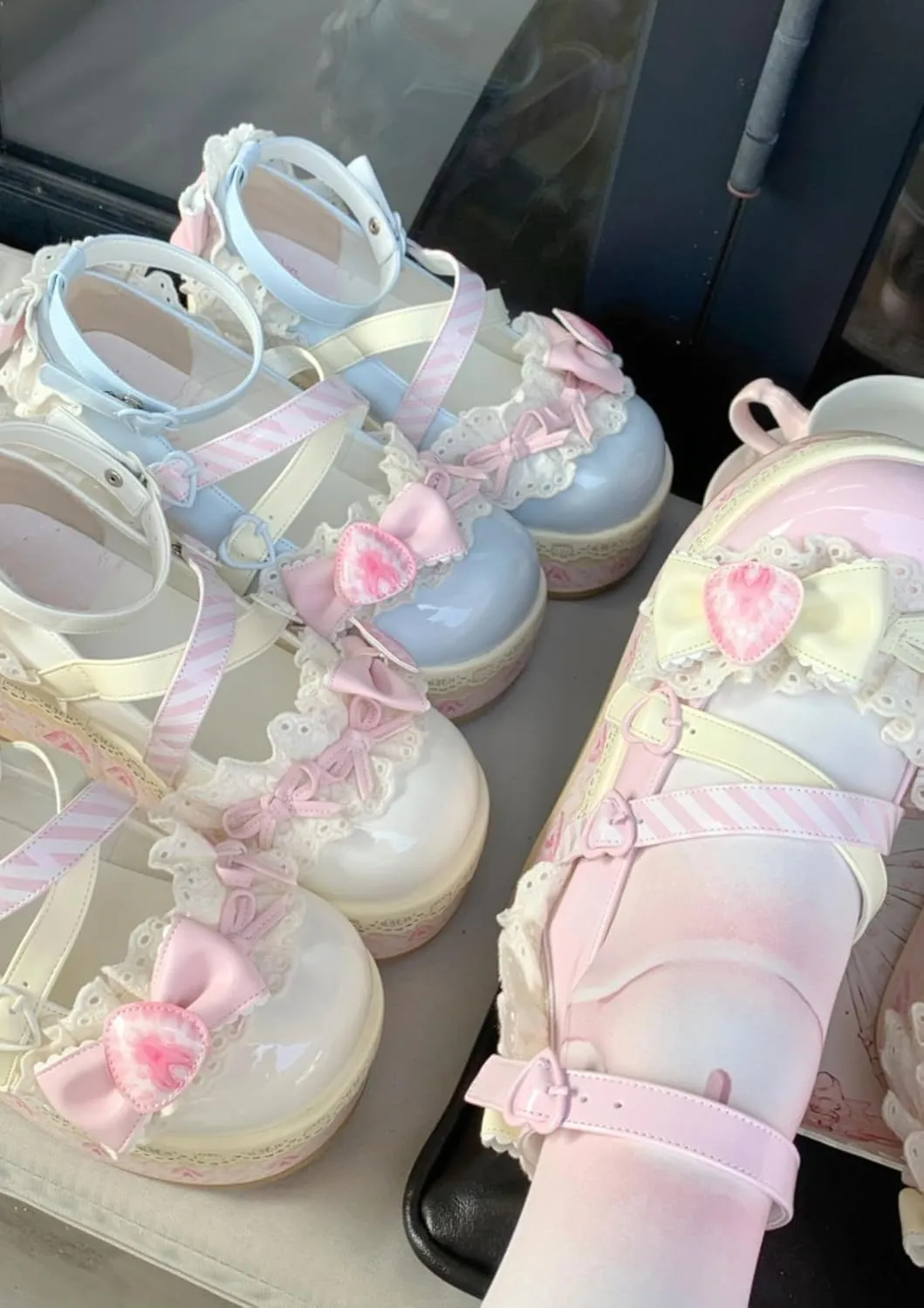 Women's Kawaii Cute Bow Strawberry Cake Lace Chunky Mary Jane Heels Round Toe Lolita Y2K Aesthetic Platform Wedge Shoes