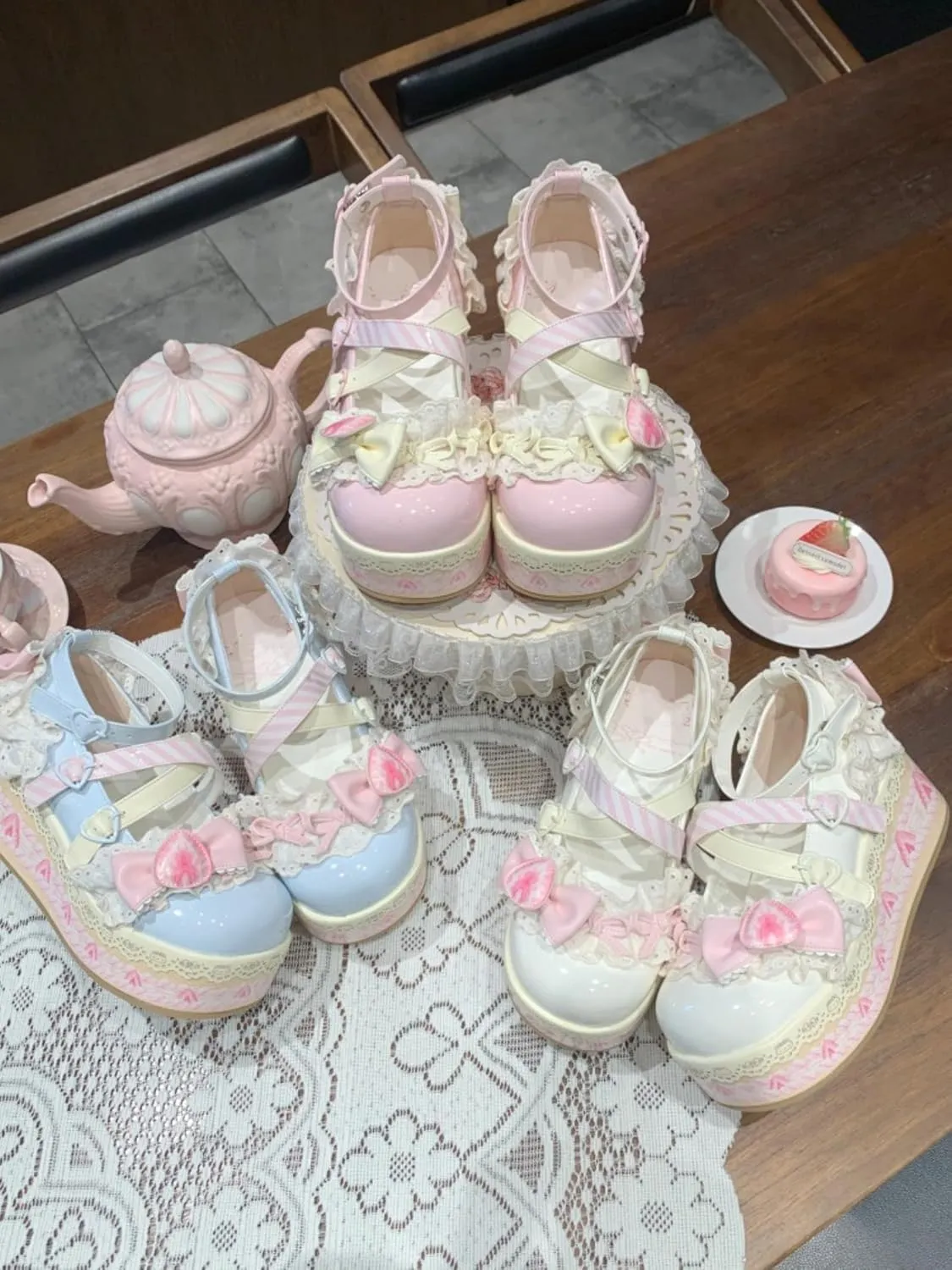 Women's Kawaii Cute Bow Strawberry Cake Lace Chunky Mary Jane Heels Round Toe Lolita Y2K Aesthetic Platform Wedge Shoes