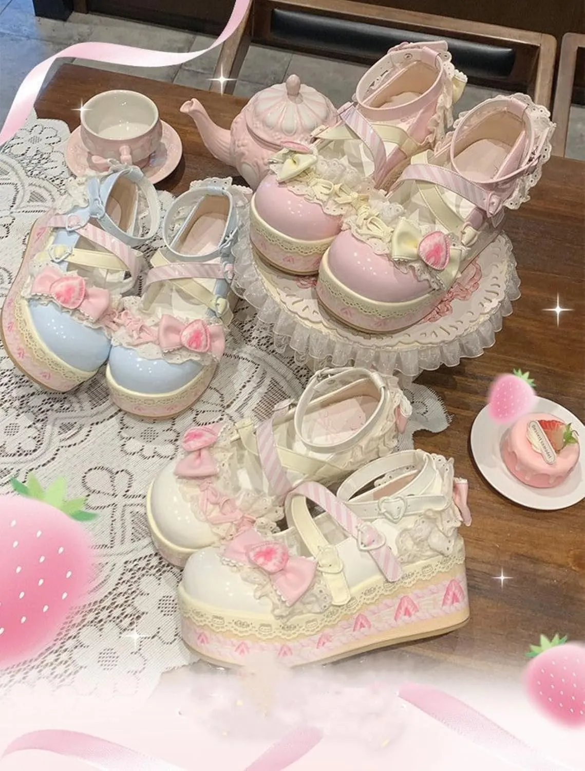 Women's Kawaii Cute Bow Strawberry Cake Lace Chunky Mary Jane Heels Round Toe Lolita Y2K Aesthetic Platform Wedge Shoes